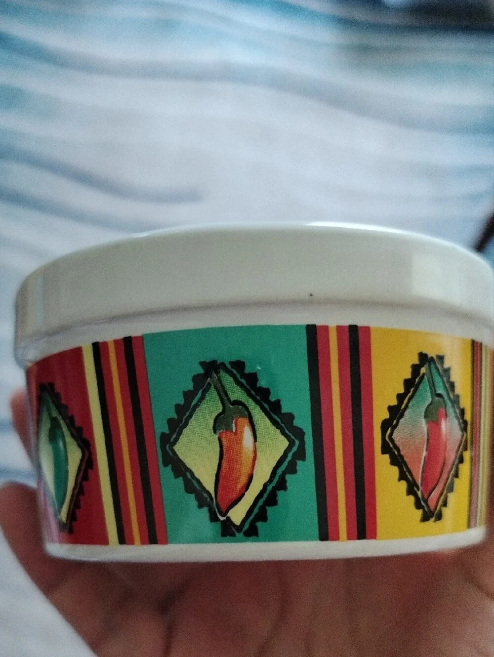 White Ceramic Salsa Bowl with Green Cactus Detail and Multicolor Stripe